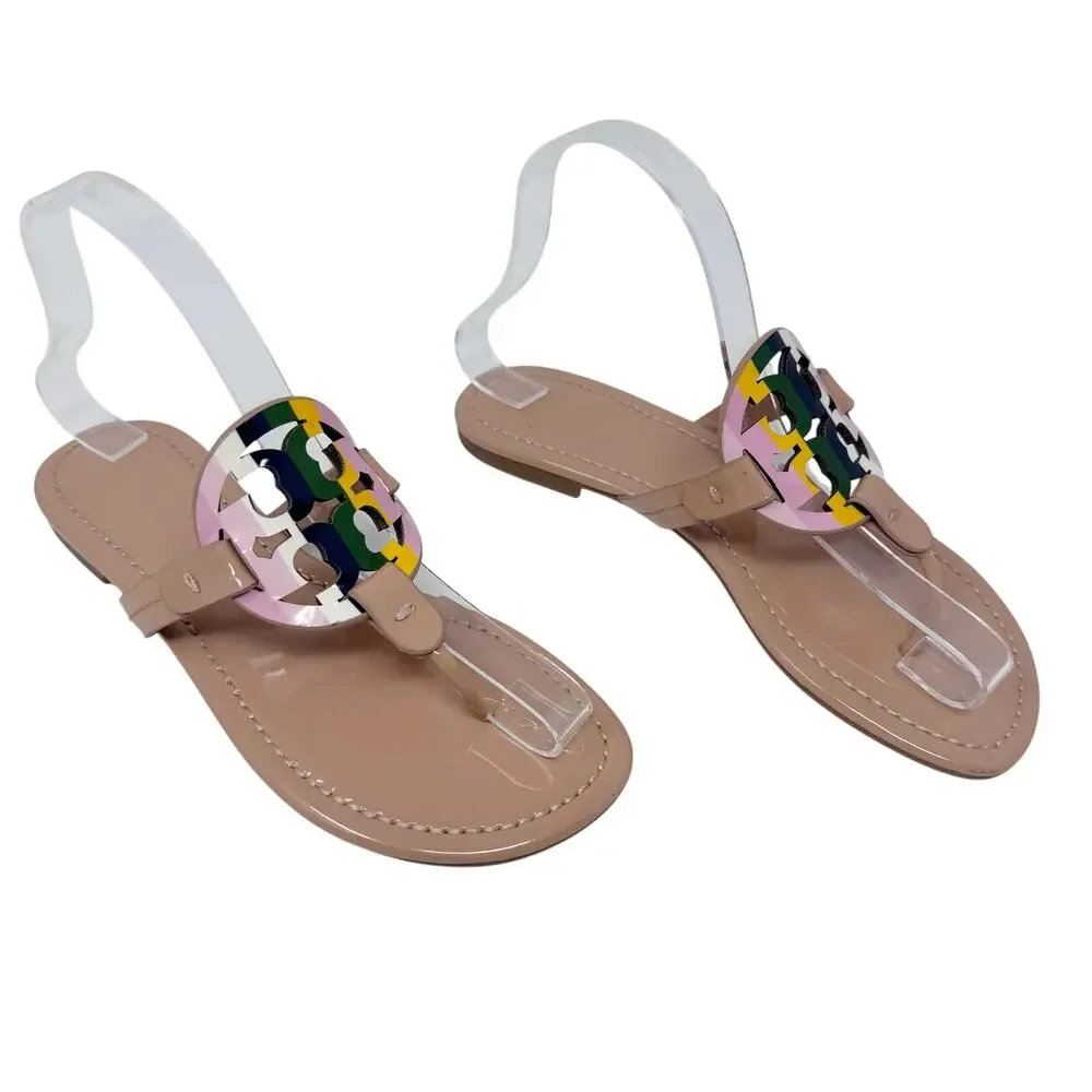TORY BURCH Tan Beige Miller Sandal Flip Flop with Rainbow Stripe Logo